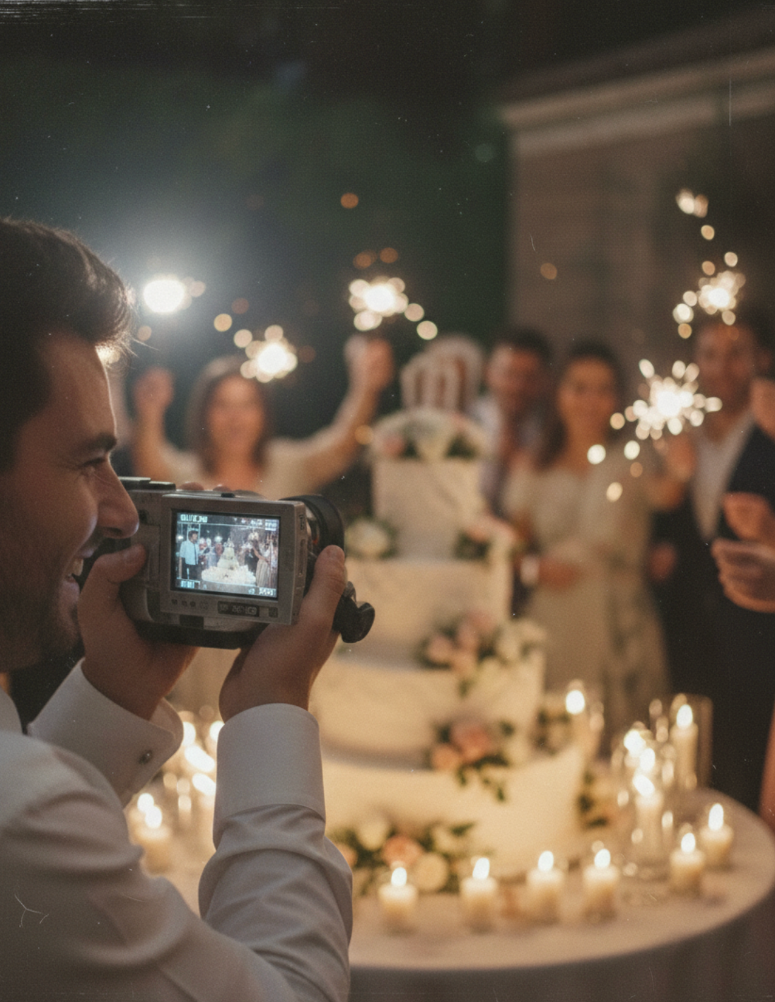 Invité filmant le gâteau de mariage avec un caméscope vintage années 90