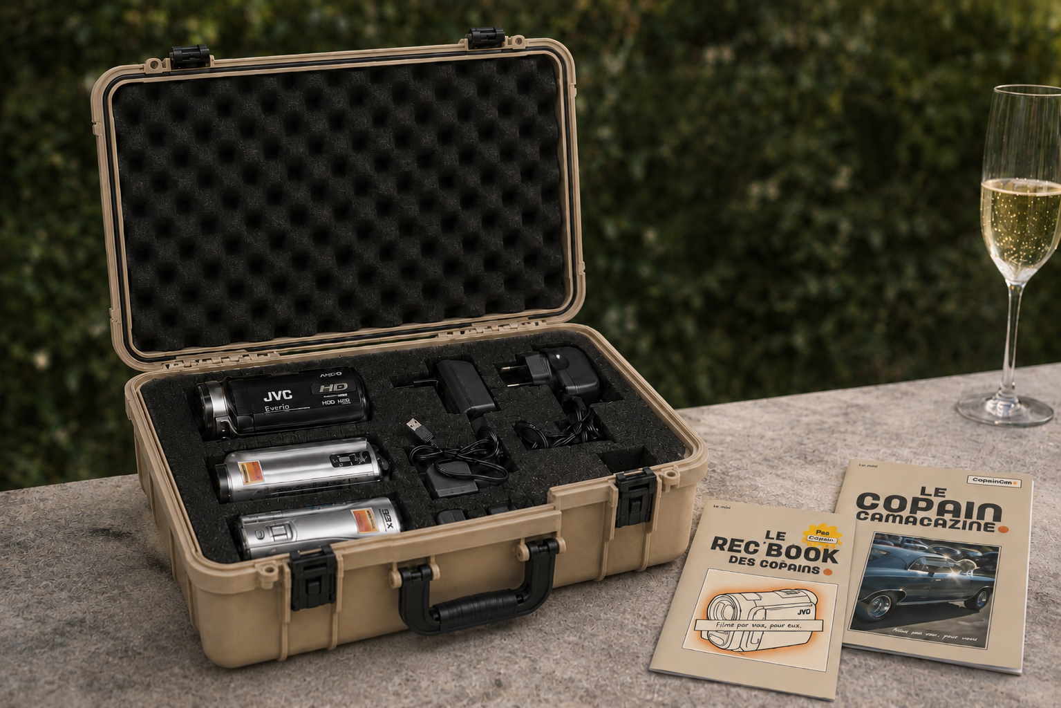 Une CopainBox ouverte avec 3 caméscopes vintage JVC et les livrets d'animation Le Rec Book des Copains et Le Copain Camacazine